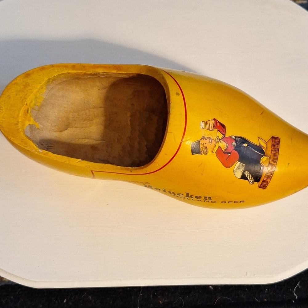 Vintage 1970s Dutch Carved Heineken Wooden Shoe Clog Promotional Item